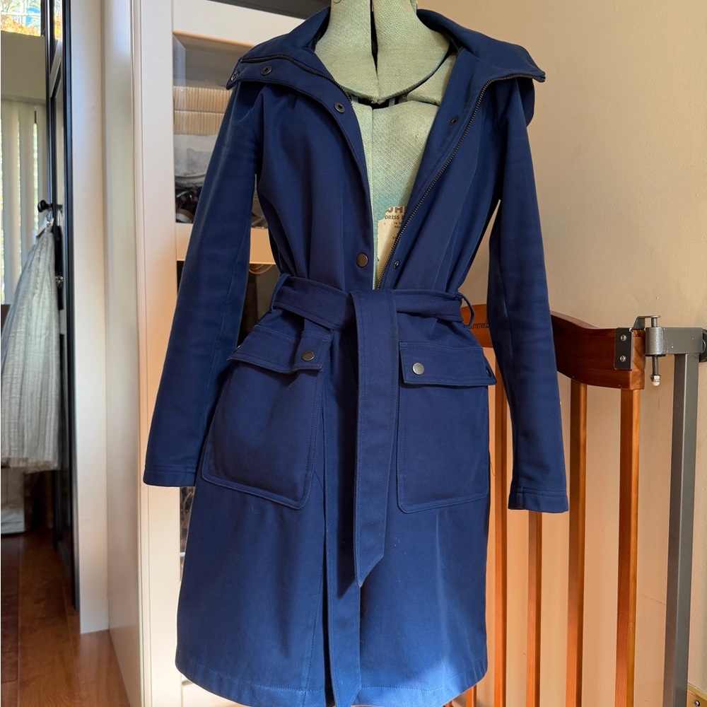 Women’s Belted Navy Trench Coat with Hood